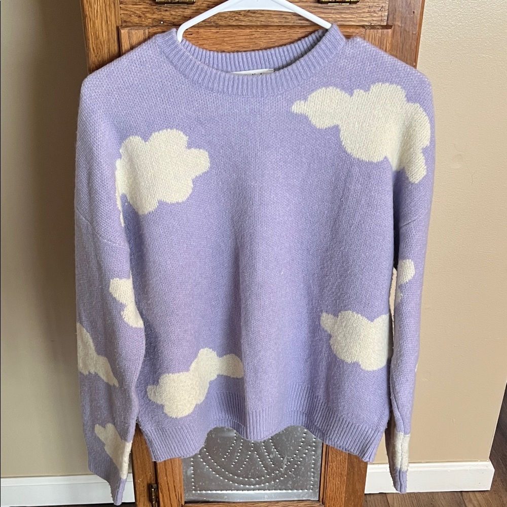 Medium THML Lilac Spring Crewneck Sweater with Cream Cloud Motif